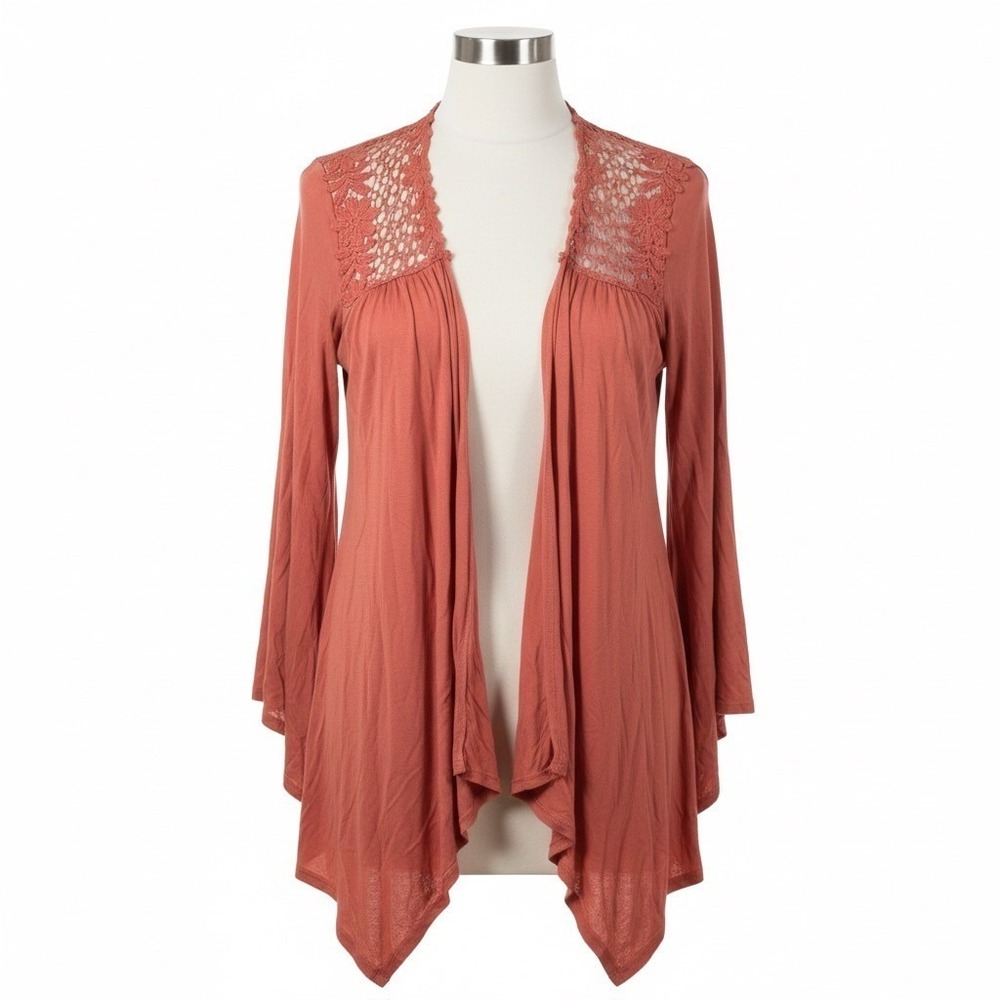 Dressbarn Crochet Lace Boho Kimono Cardigan L Rust Red Flowy Open Front Draped